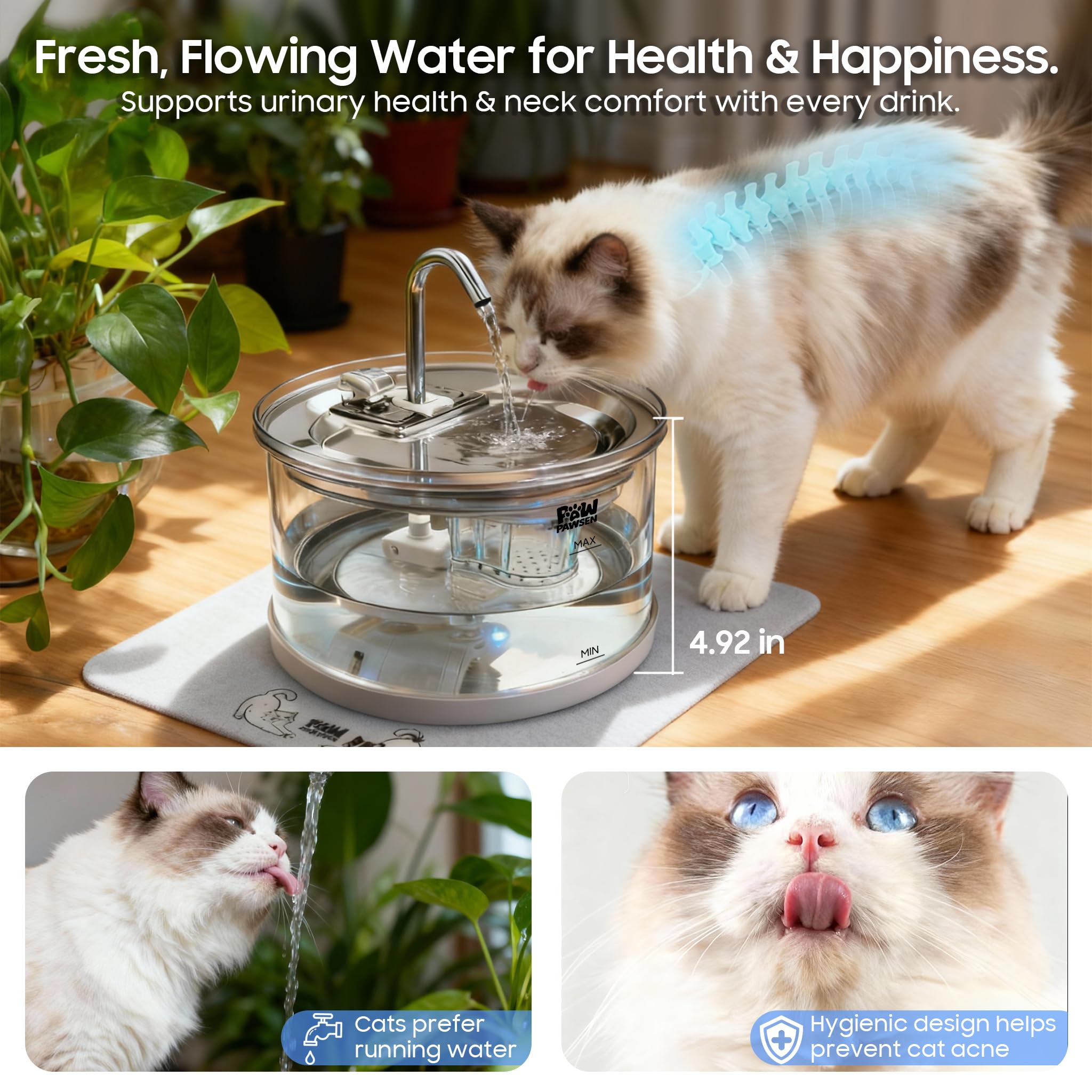 PAWPAWSEN sistema de filtración triple mantiene el agua clara para mascotas.