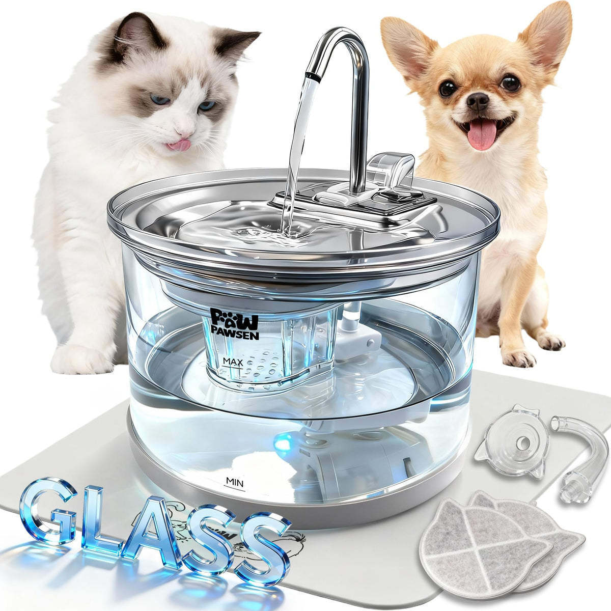 PAWPAWSEN fuente de agua para gatos y perros con cristal y acero inoxidable, fácil de limpiar.