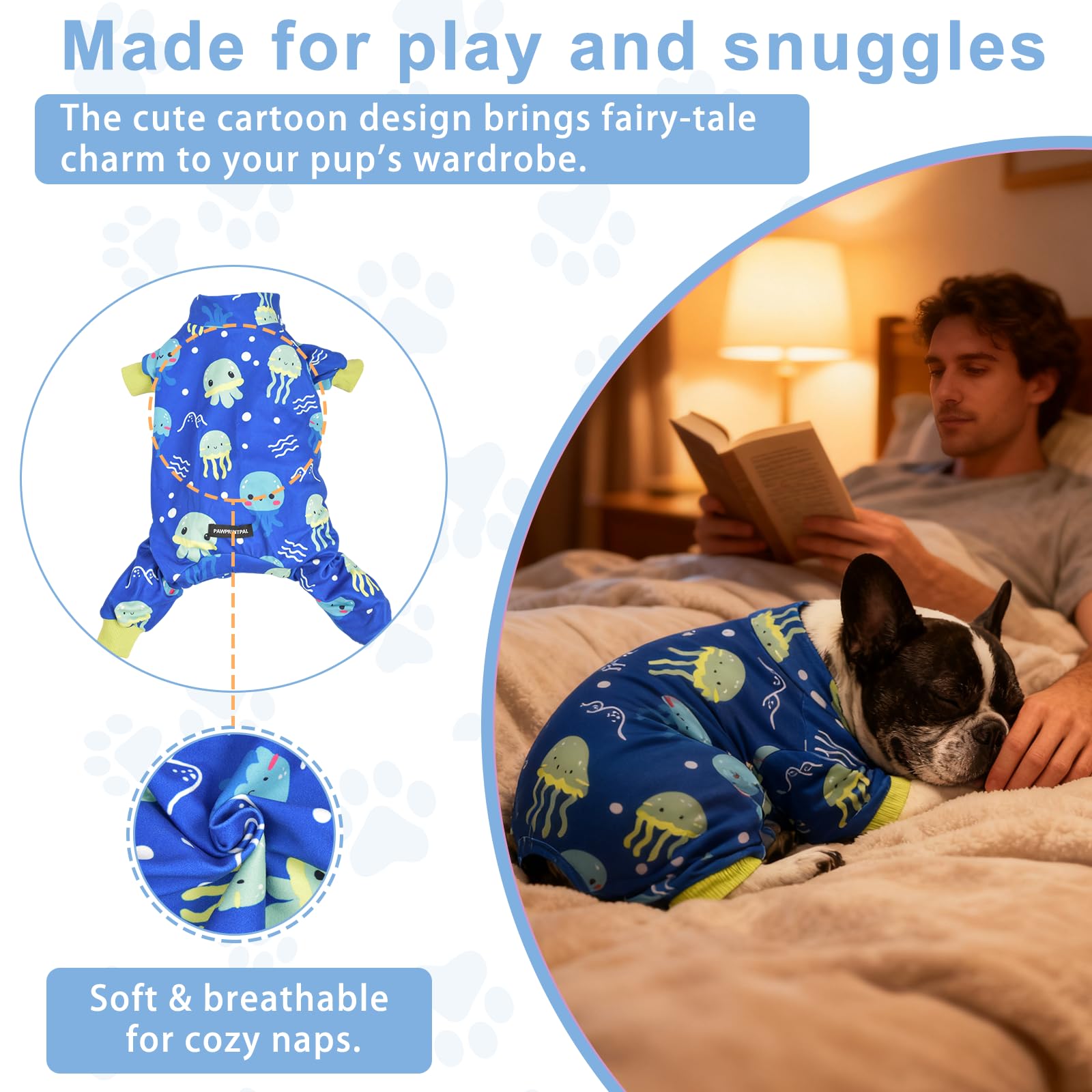 PAWPRINTPAL pijama grande para perro azul, cuello alto para abrigo ligero.