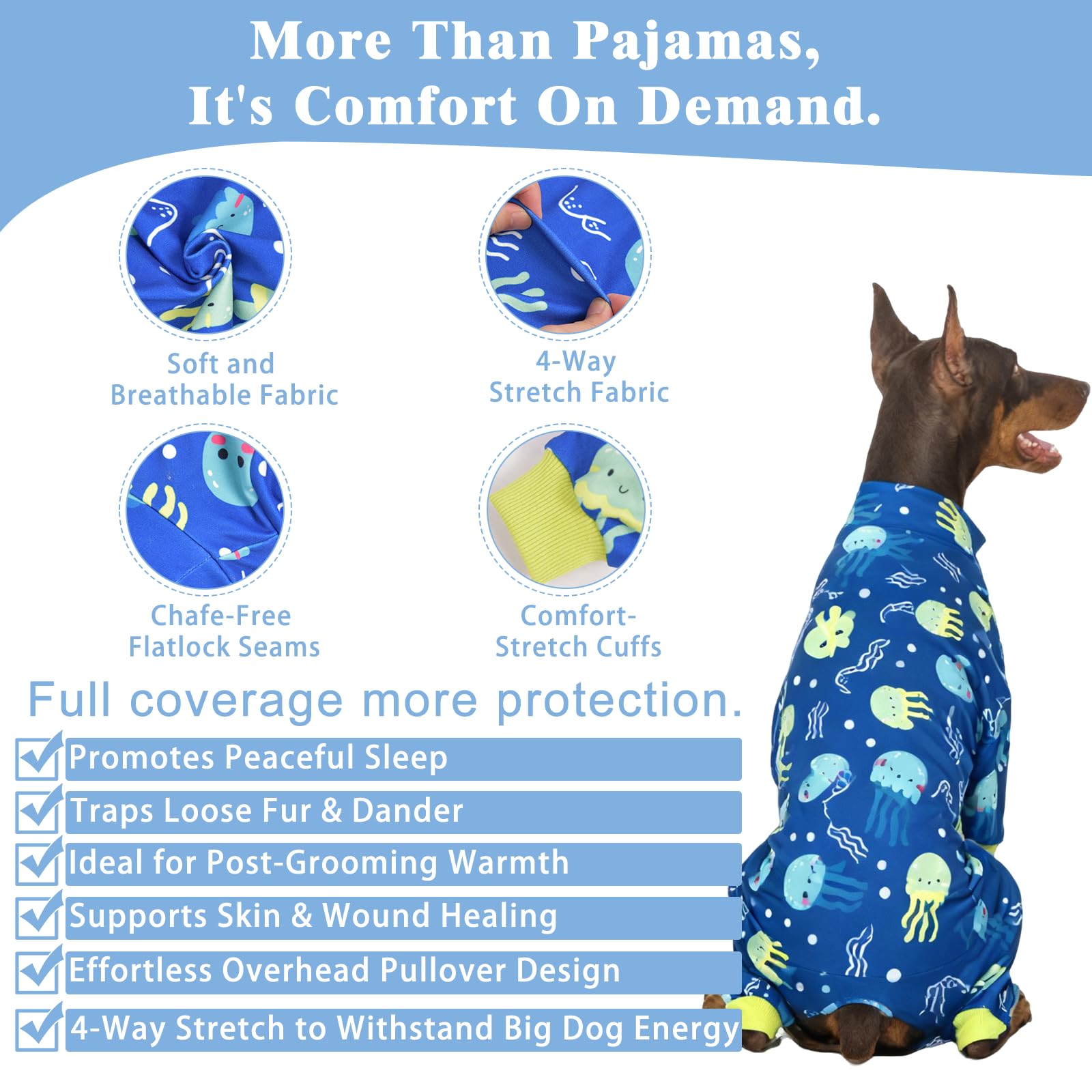 PAWPRINTPAL pijama grande para perro azul, vista frontal, ajuste cómodo.