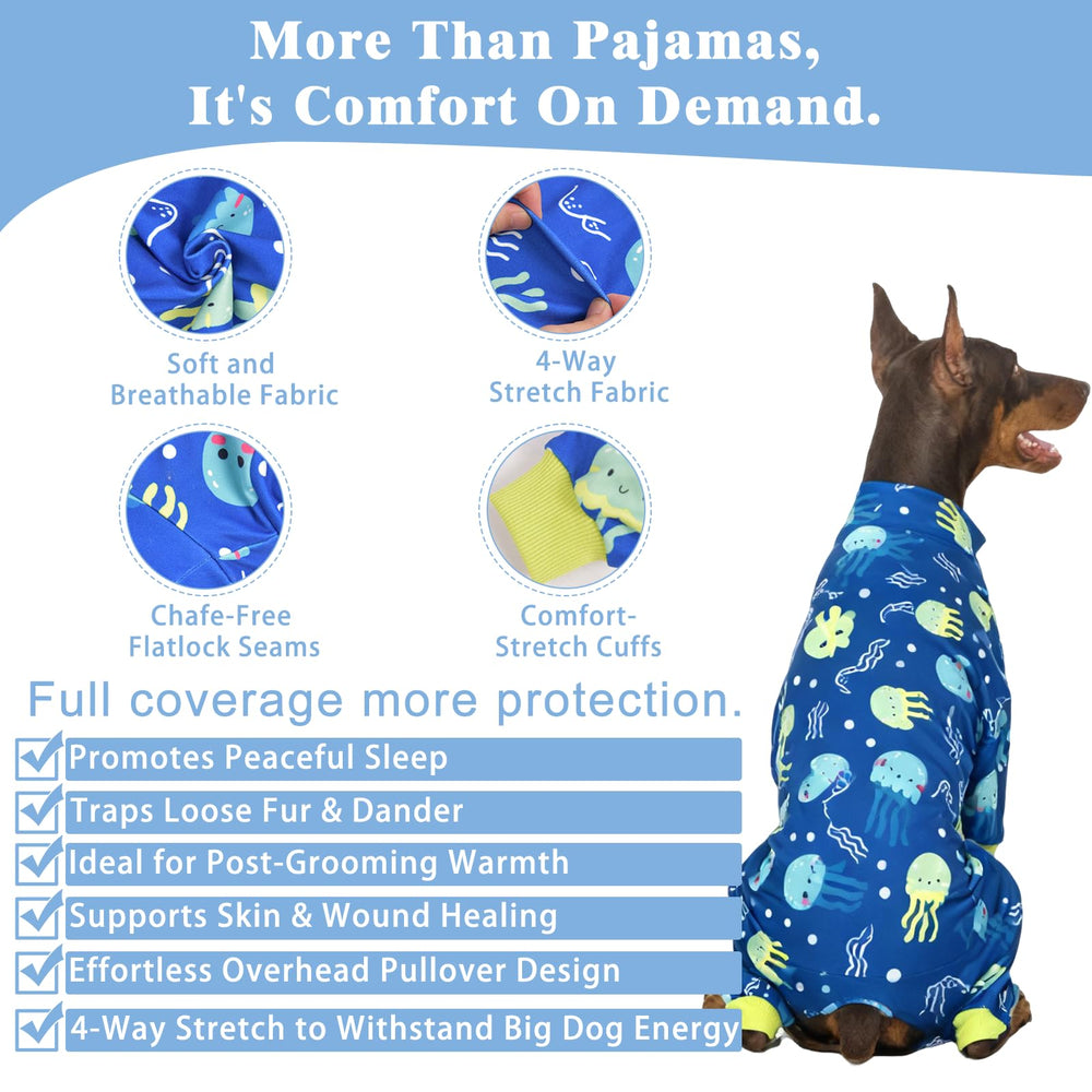 PAWPRINTPAL pijama grande para perro azul, vista frontal, ajuste cómodo.