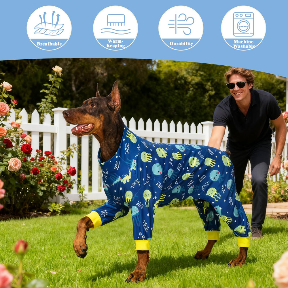 PAWPRINTPAL pijama grande para perro azul, tejido elástico para movilidad.