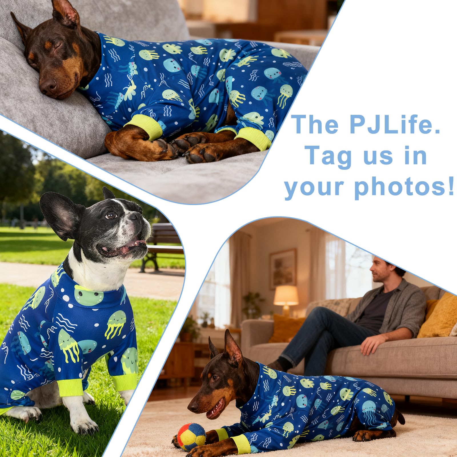 PAWPRINTPAL pijama grande para perro azul, lavado fácil y secado rápido.