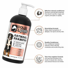 Paws & Pals champú perro, ingredientes naturales visibles para cuidado suave.