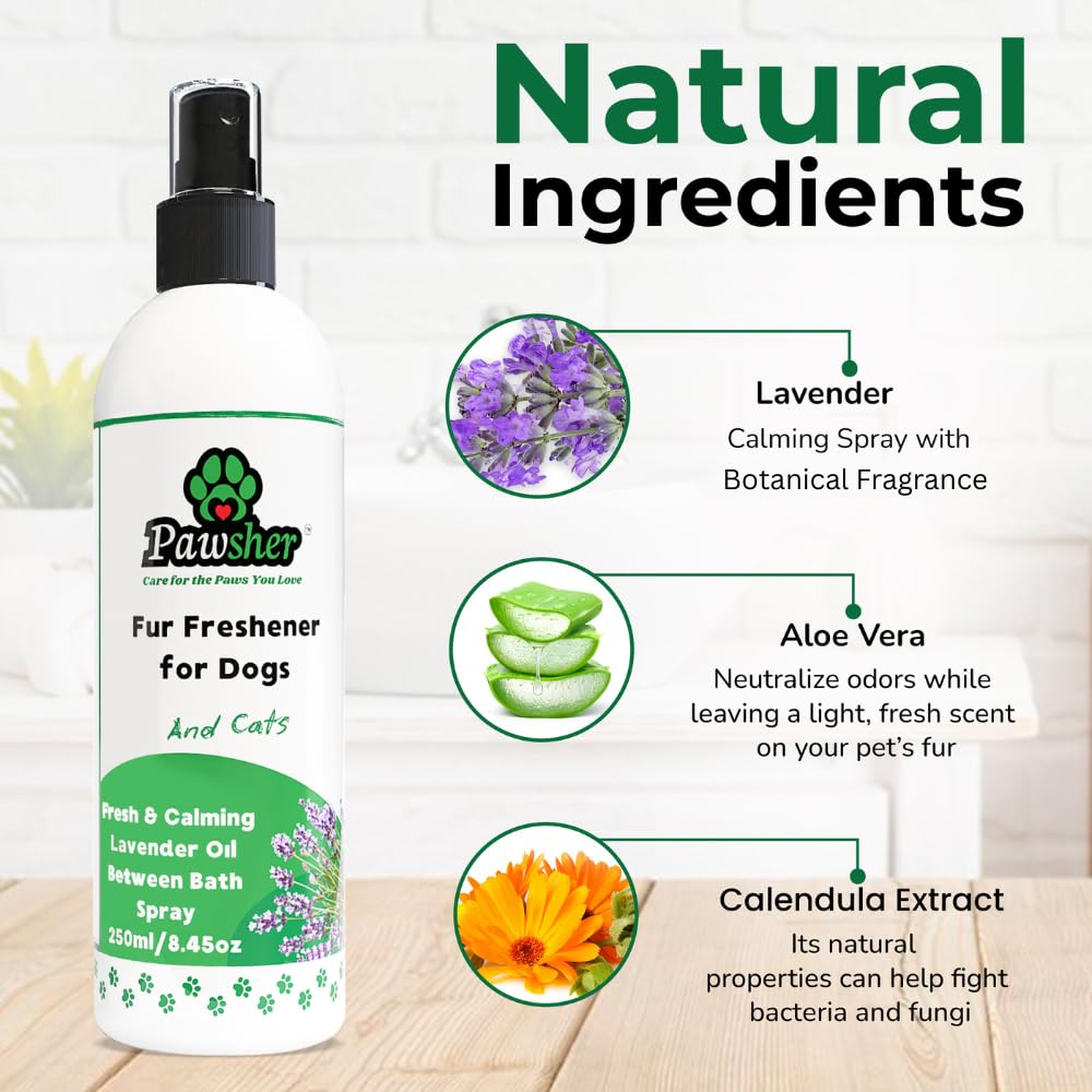 Pawsher perfume pelaje, rocío suave de lavanda para brillo natural.