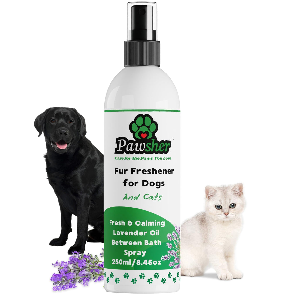 Pawsher Perfume para perros lavanda, botella visible, uso entre baños.