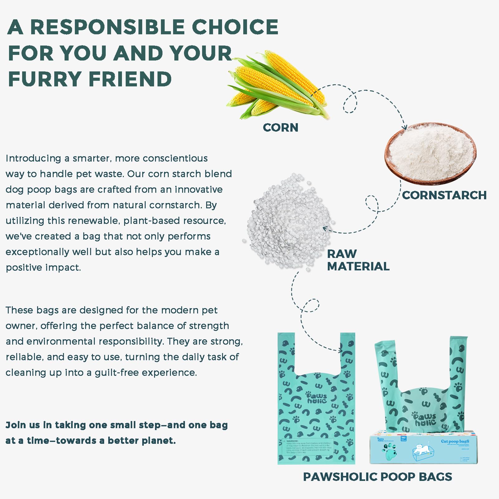 PAWSHOLIC opción eco amigable basada en almidón para desechos de mascotas.
