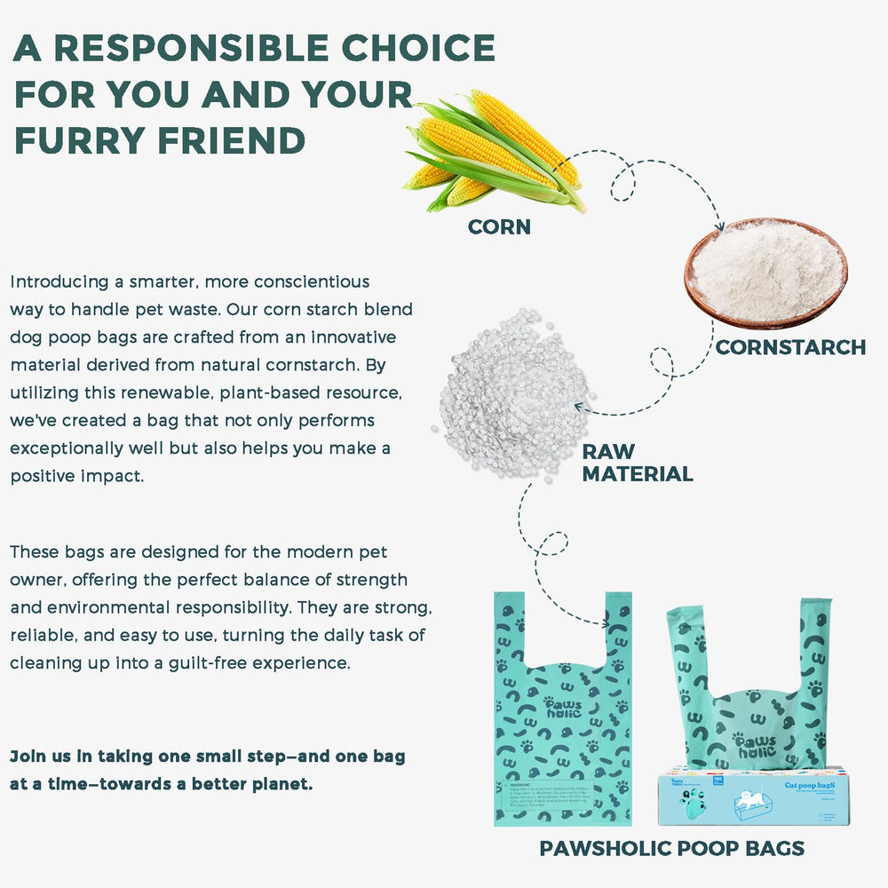 PAWSHOLIC opción eco amigable basada en almidón para desechos de mascotas.