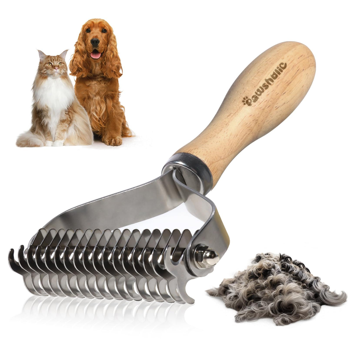 PAWSHOLIC Rastrillo para subpelaje con mango de madera, cepillado cómodo