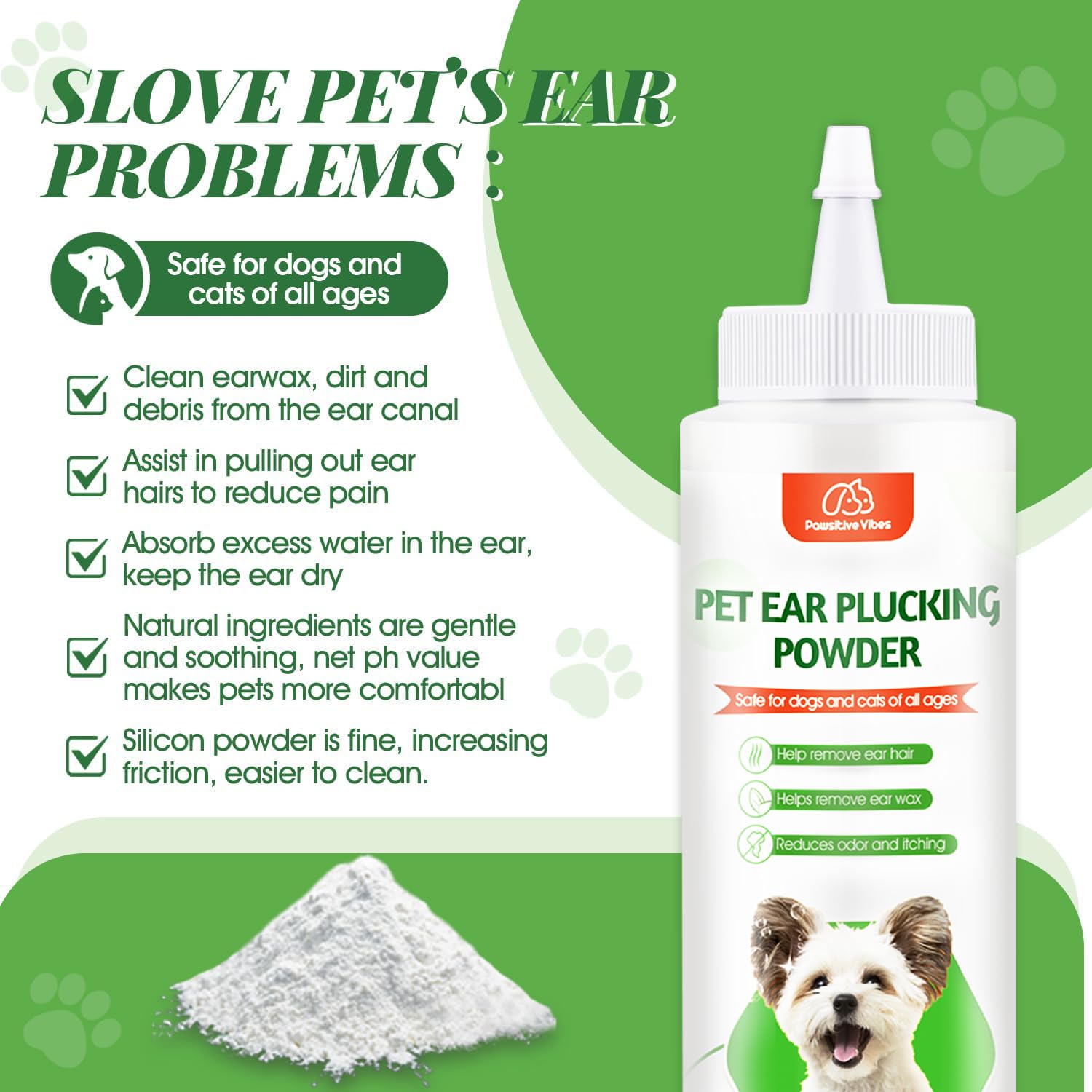 Kit completo de cuidado de orejas Pawsitive Vibes para uso en casa.