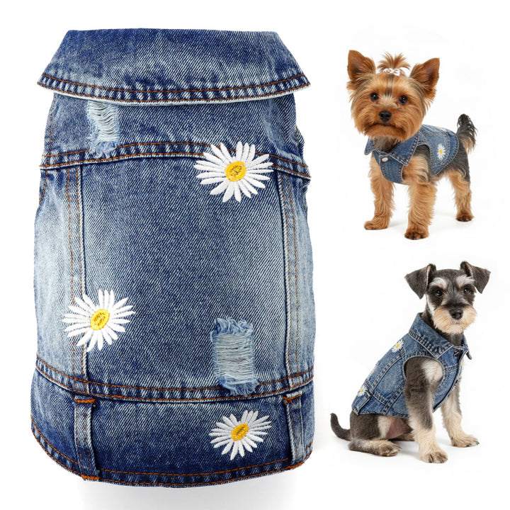 Pawstrip chaqueta vaquera para perro con bordado daisy, ideal para paseos con estilo.