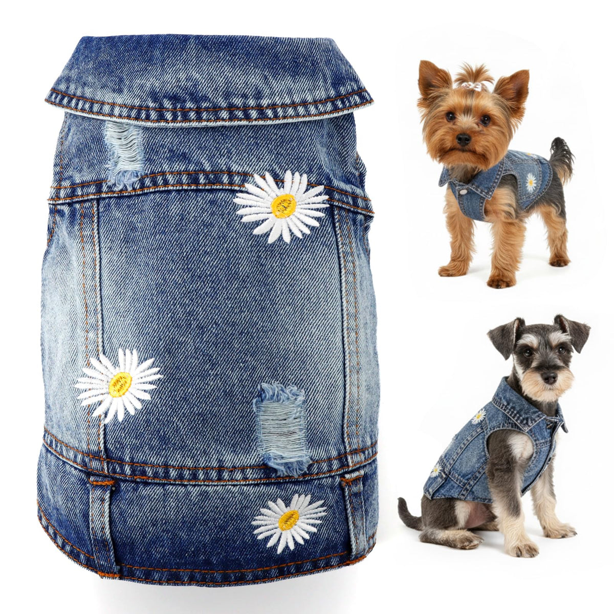 Pawstrip chaqueta vaquera para perro con bordado daisy, ideal para paseos con estilo.