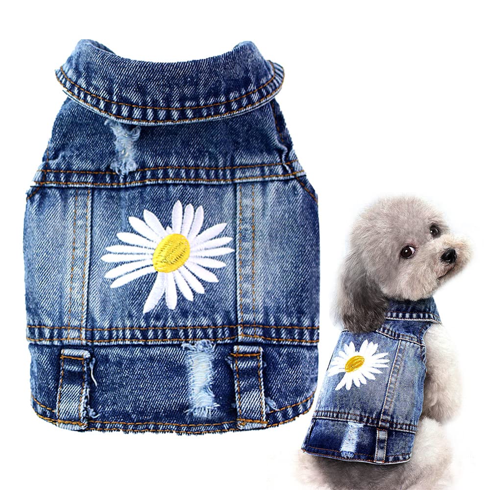 Pawstrip chaqueta vaquera para perro con bordado margarita, paseo elegante