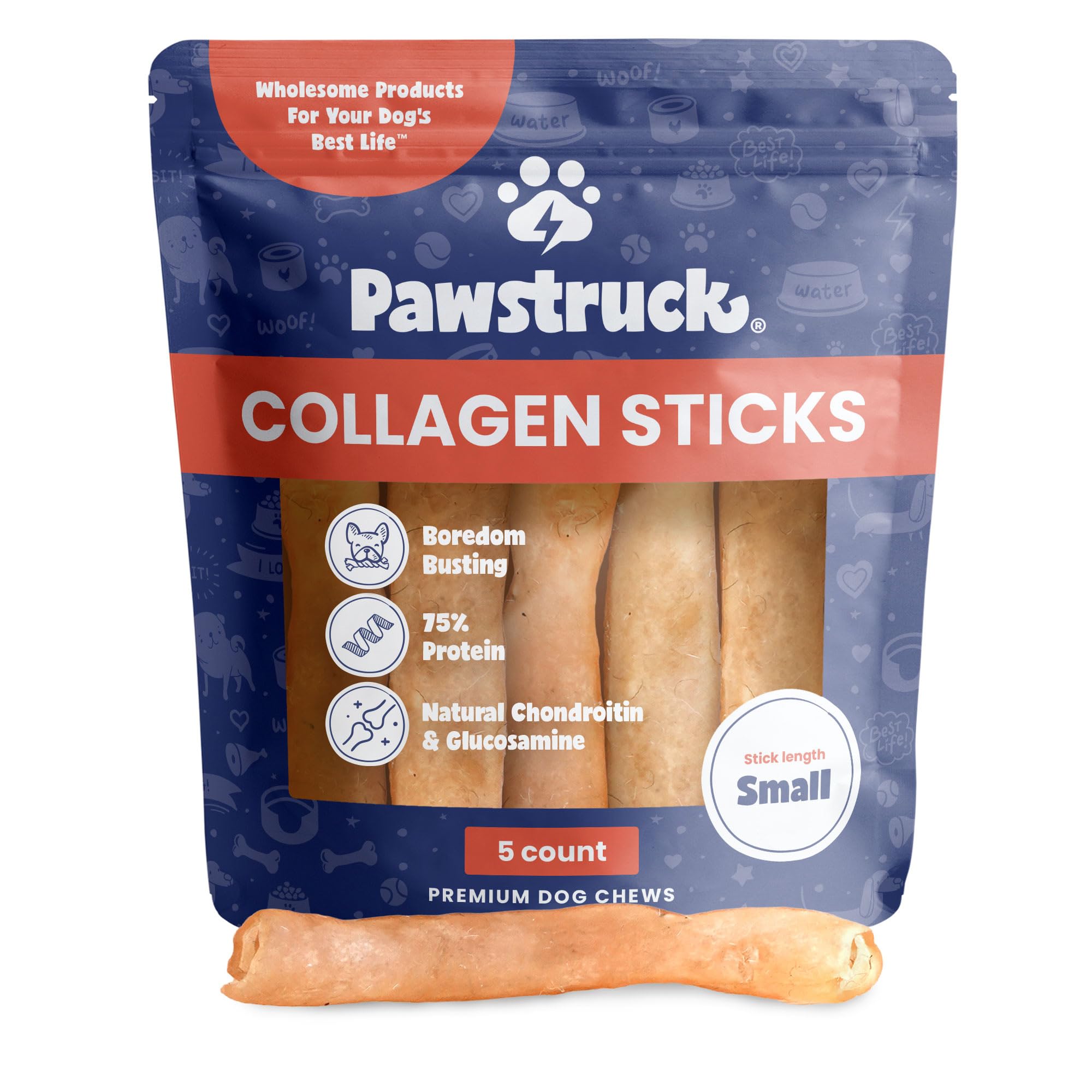 Pawstruck barritas de colágeno para perros, envase visible y masticación prolongada