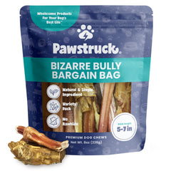 Pawstruck Bizarre Bully Sticks muestra variedad de formas para perros, masticación atractiva.
