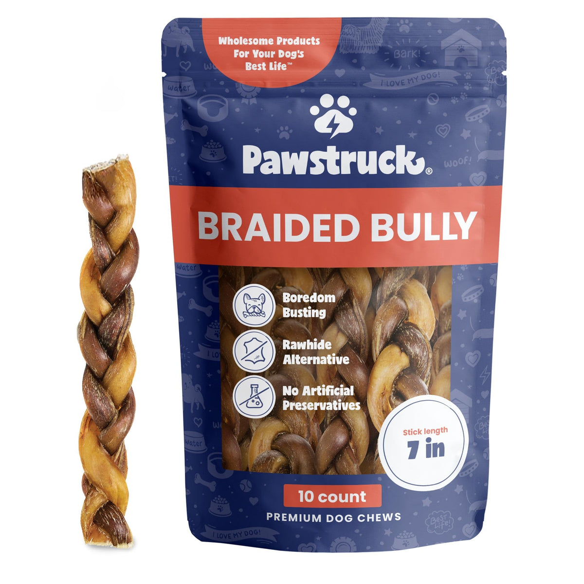 Pawstruck Bully Sticks trenzados de 7 pulgadas para masticación durable.