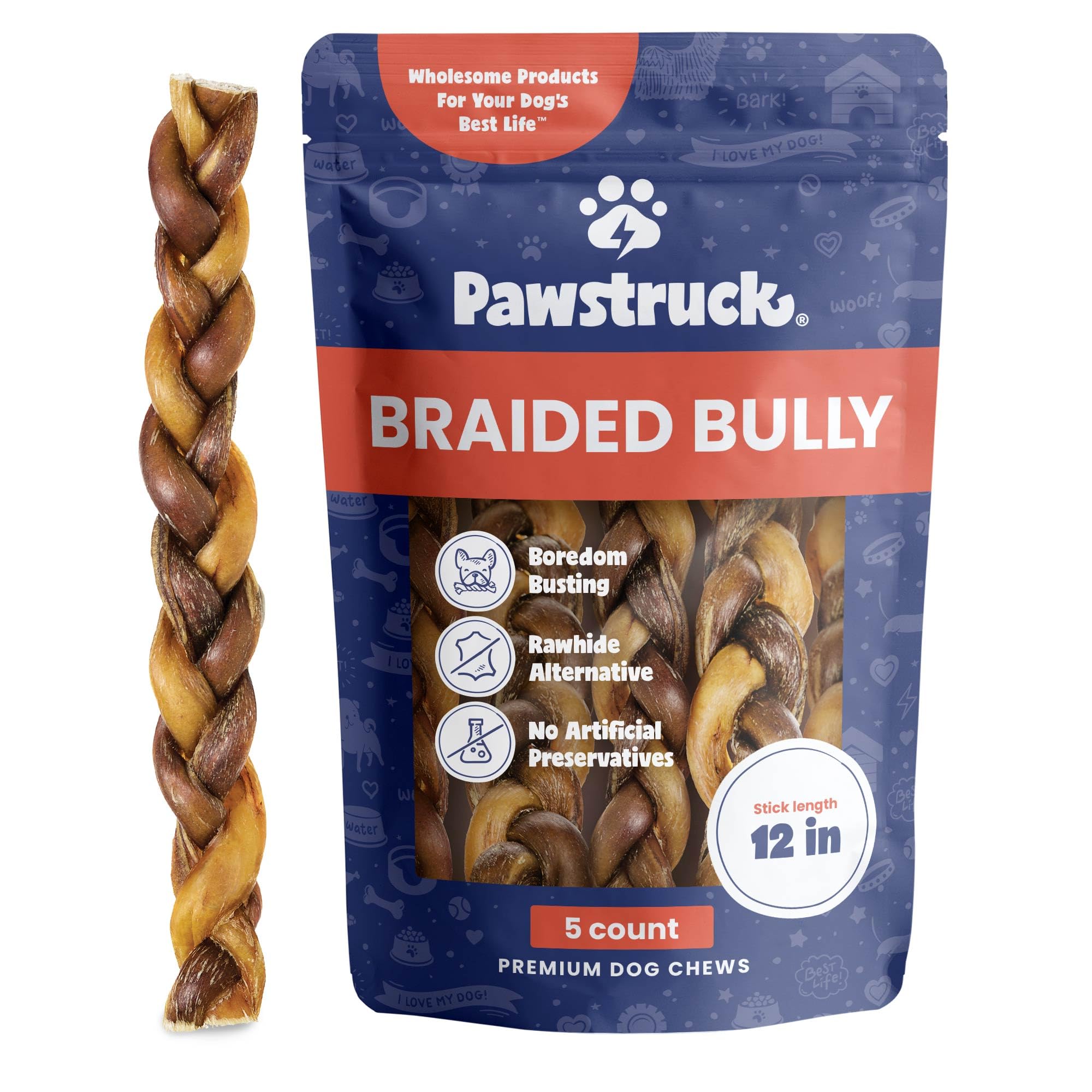 Pawstruck Natural: palitos de res trenzados de 12 pulgadas, opción duradera para perros activos.