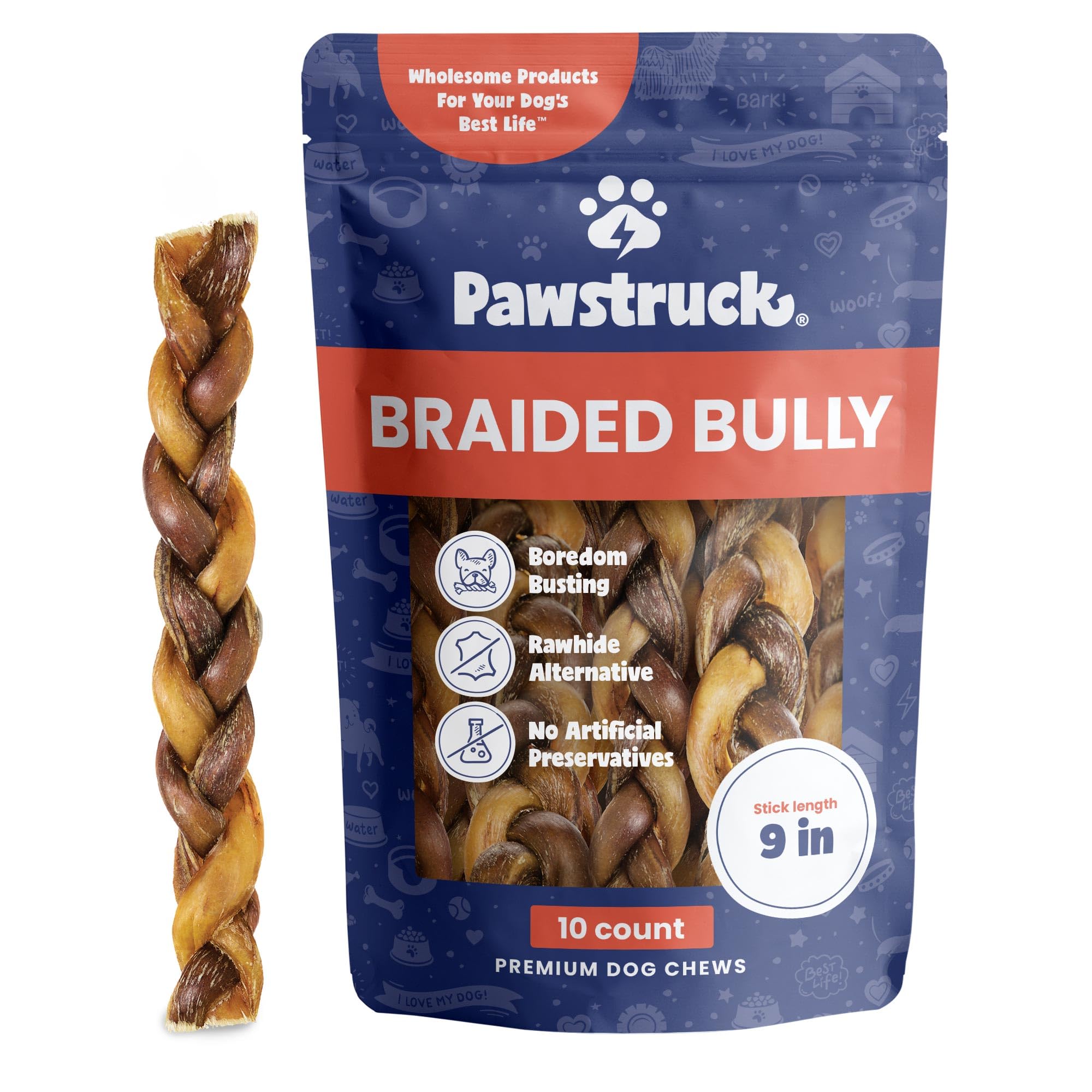 Pawstruck palitos bully trenzados de 9 pulgadas en empaque, masticación duradera