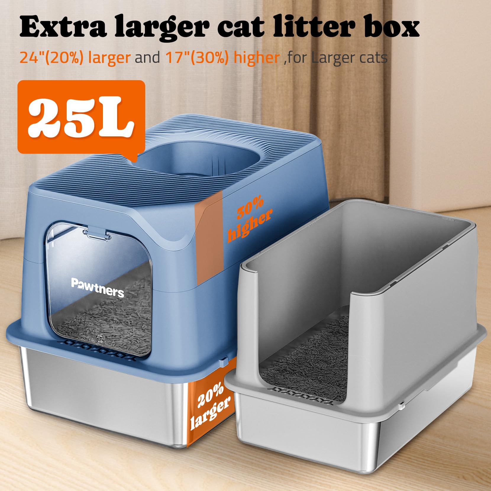 Pawtners caja de arena XL, vista abierta: acceso fácil para gatos.