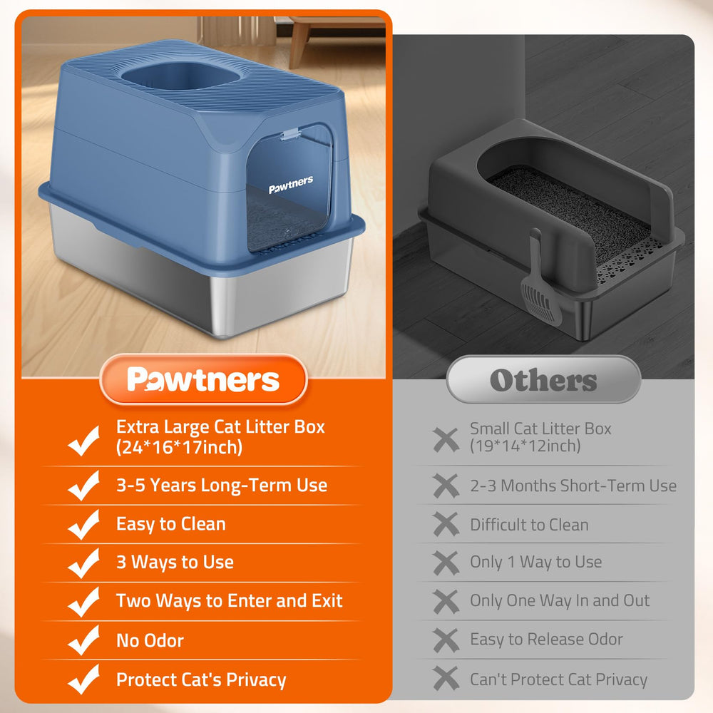 Pawtners caja de arena XL, apta para varios gatos en hogares felinos.