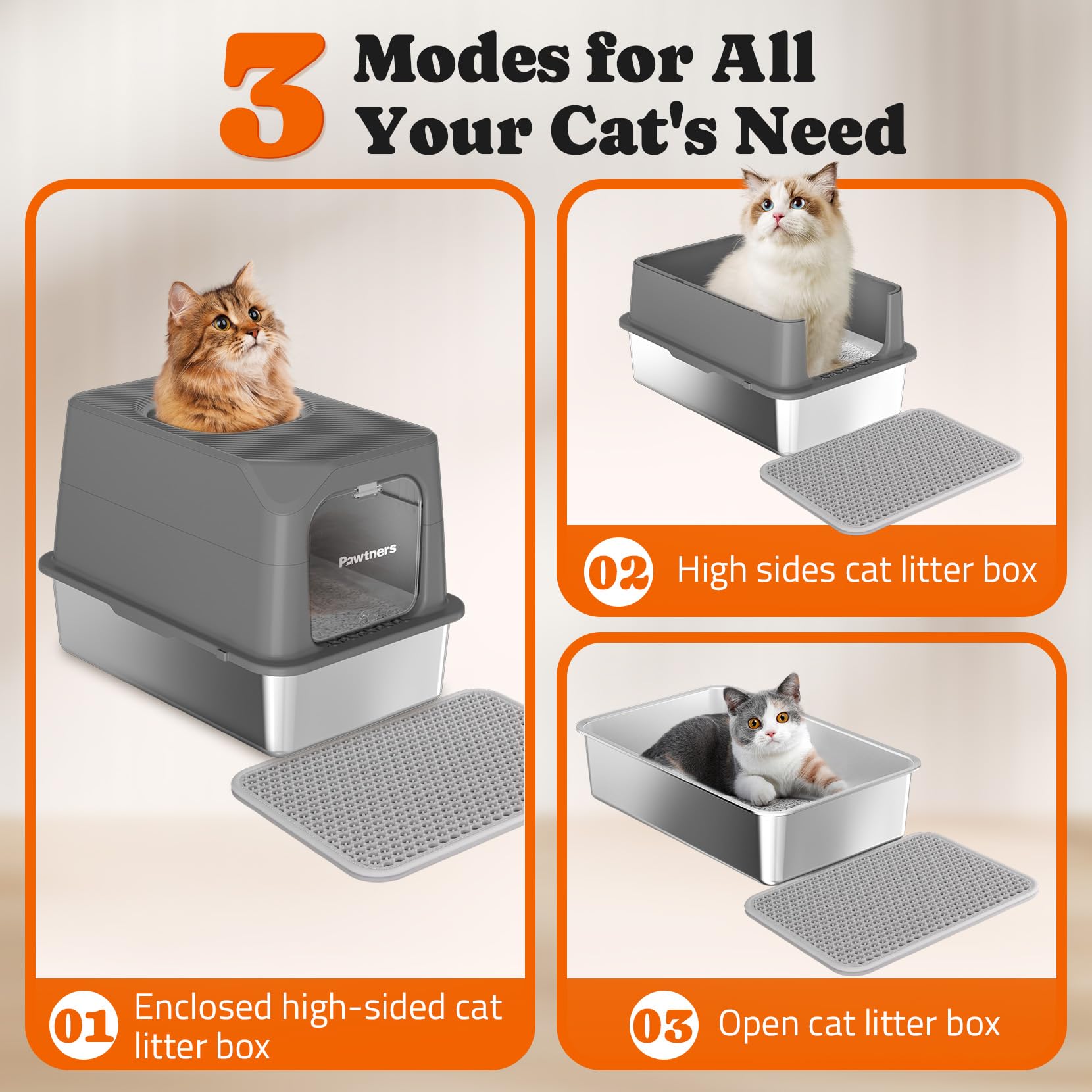 Pawtners, tapa superior y salida, para un acceso cómodo y control de olores.