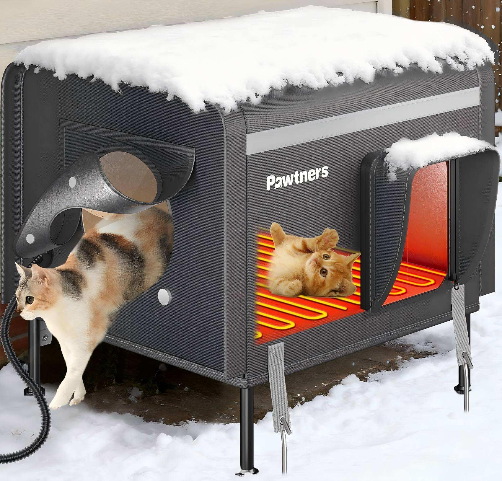 Casa Pawtners para gatos exteriores con calefacción, refugio cálido para felinos ferales en invierno.