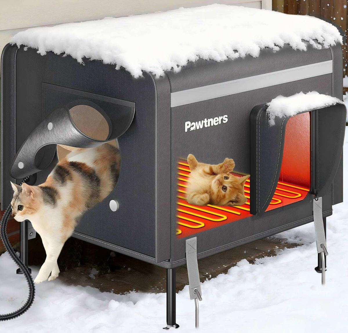 Casa Pawtners para gatos exteriores con calefacción, refugio cálido para felinos ferales en invierno.