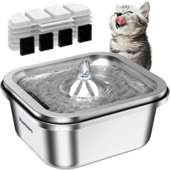Pawtners: fuente para gatos vista frontal en acero inoxidable, diseño elegante y práctico.