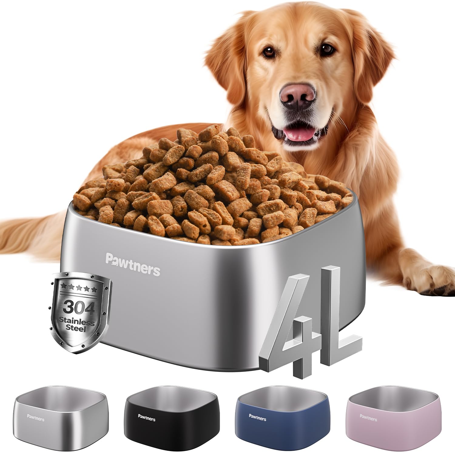 Cuenco Pawtners grande de 4 litros para agua, acero inoxidable duradero.