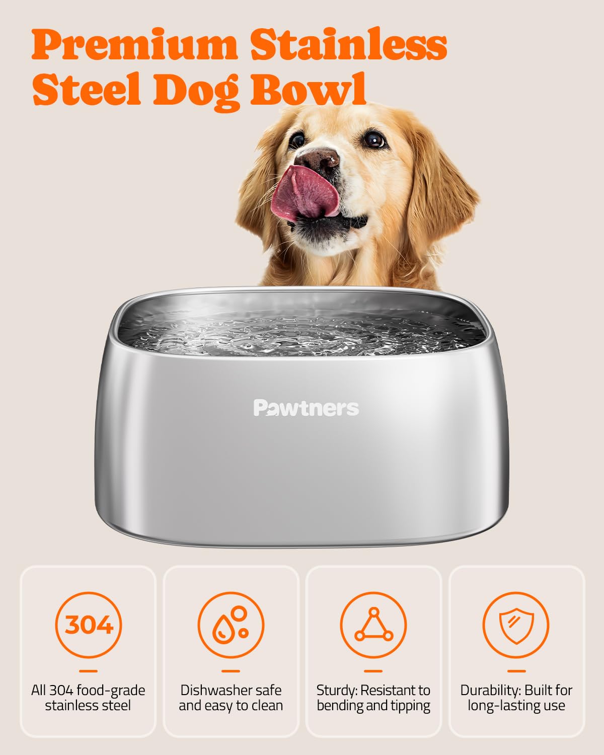 Cuenco Pawtners grande de 4 litros para comida, acero inoxidable higiénico.