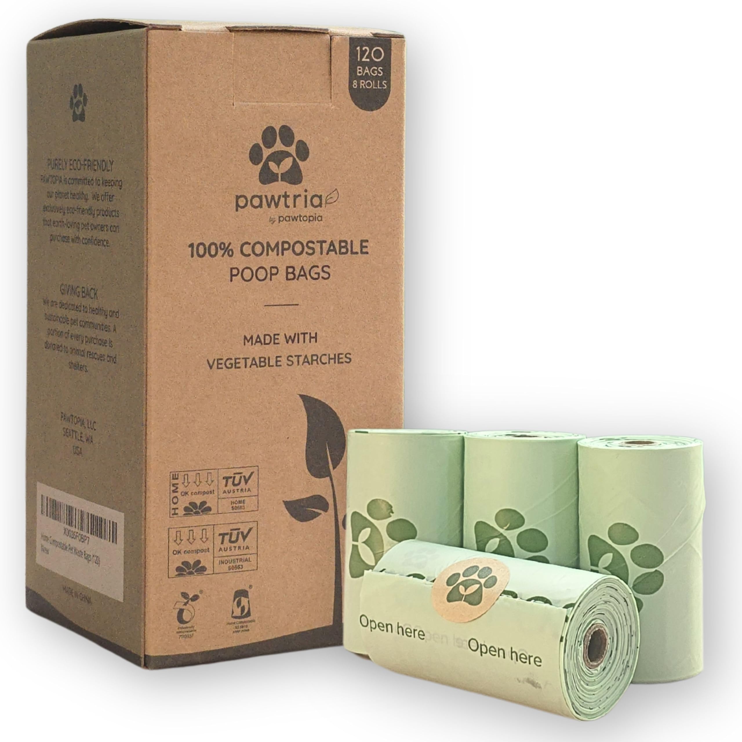 Pawtria: bolsas compostables para excrementos de perro, 120 unidades, fáciles de usar.