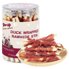 PAWUP bastones cuero-crudo de pato envueltos para perros pequeños, sabor natural.