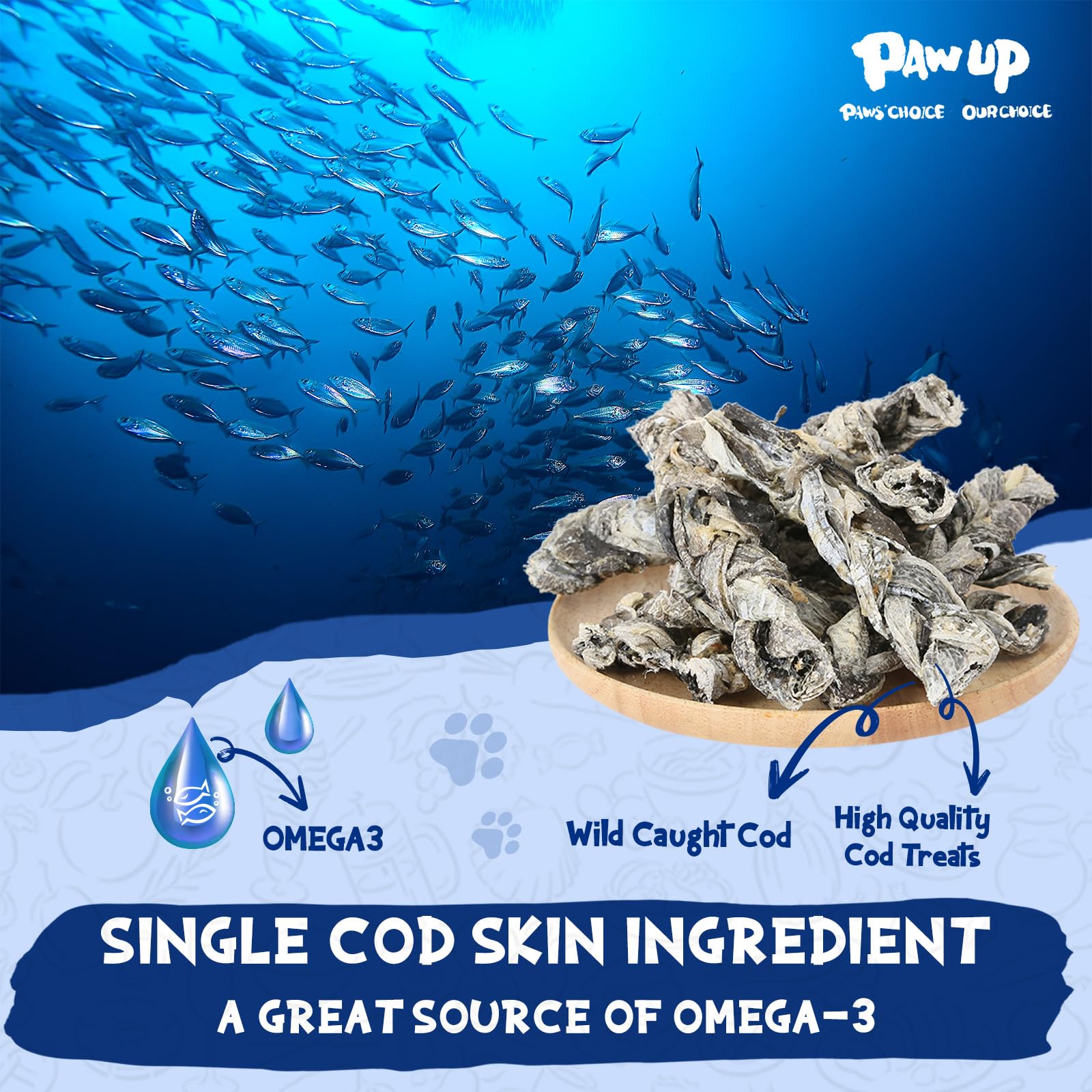 PAWUP piel de bacalao con Omega-3 para piel y pelaje saludables.