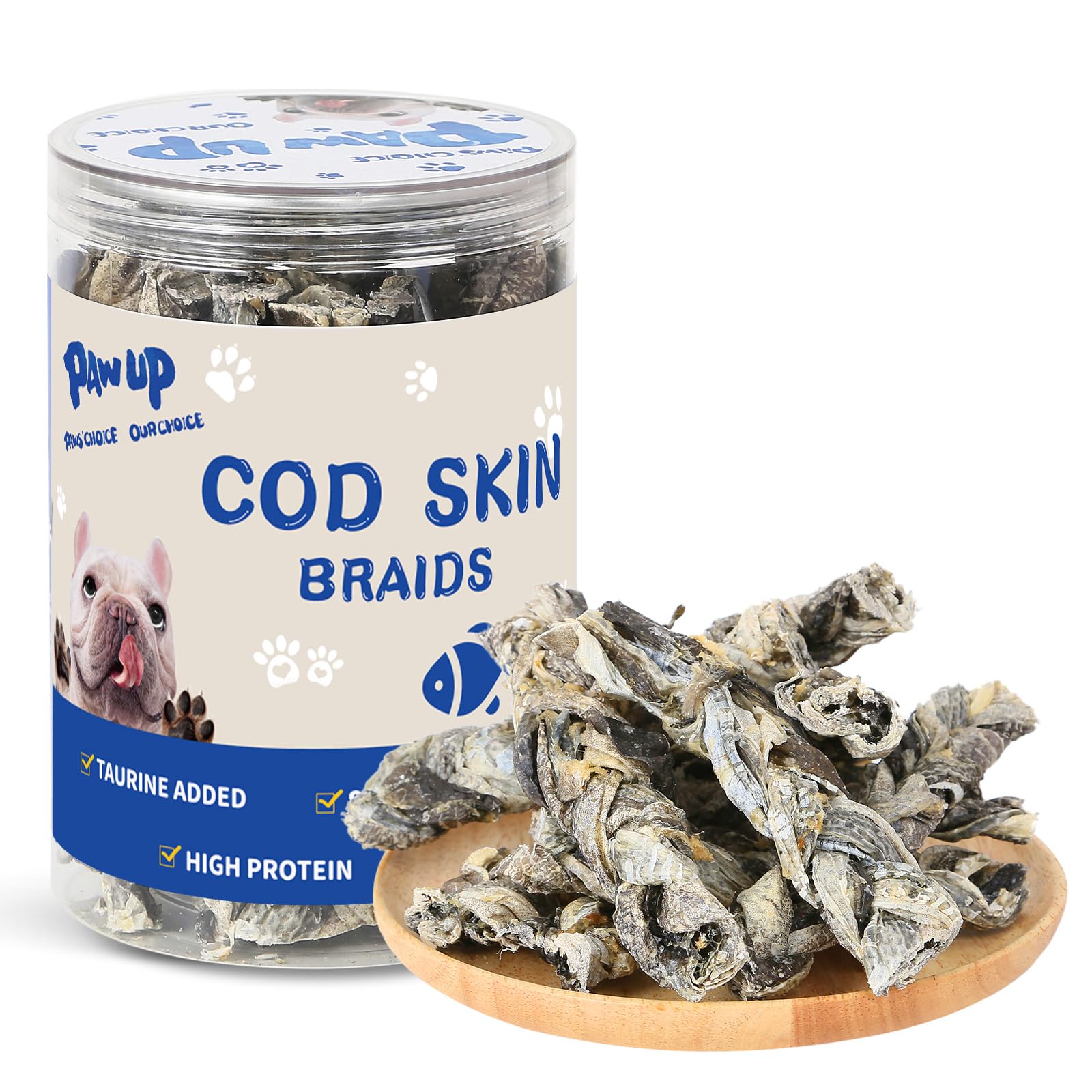 PAWUP piel de bacalao en empaque práctico, snack saludable para perros.