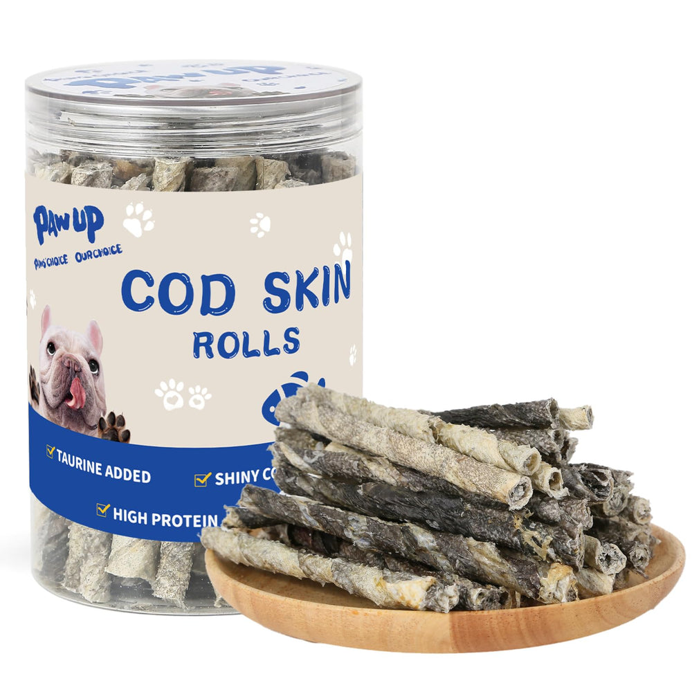PAWUP Rollos de piel de bacalao para perros: snack con Omega-3 para pelaje saludable.
