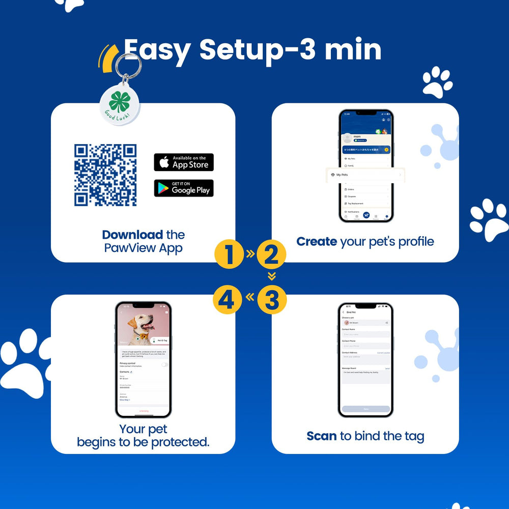 Etiqueta PawView resistente al agua, tag duradero para uso diario.