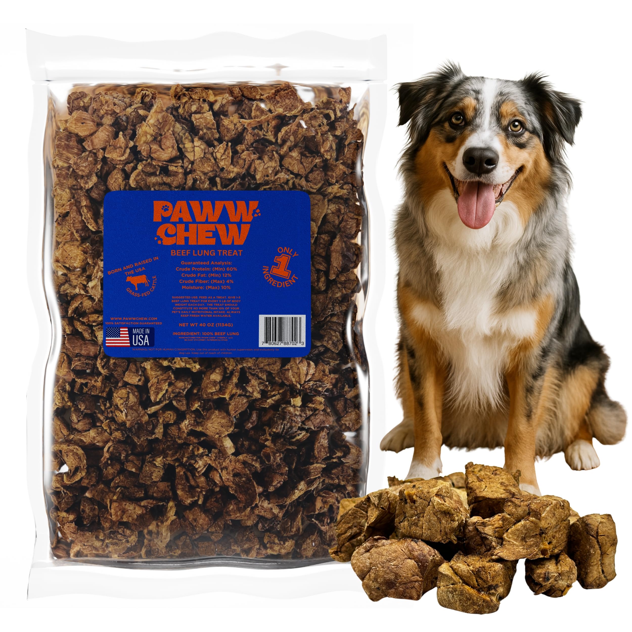 PAWW CHEW pulmon de res deshidratado en empaque, premio natural