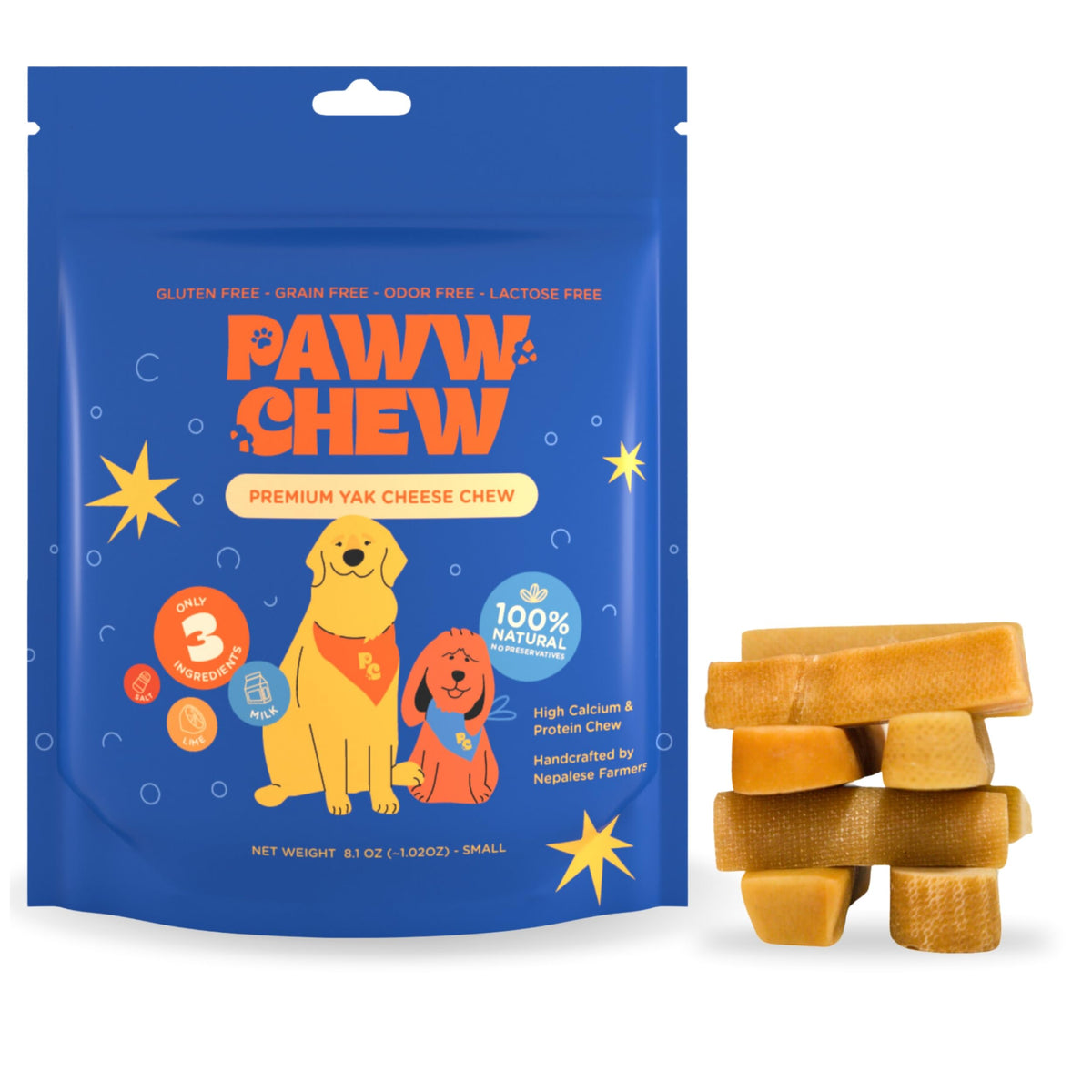 PAWW CHEW Yak Cheese Sticks en presentación, ideal para masticación diaria segura.