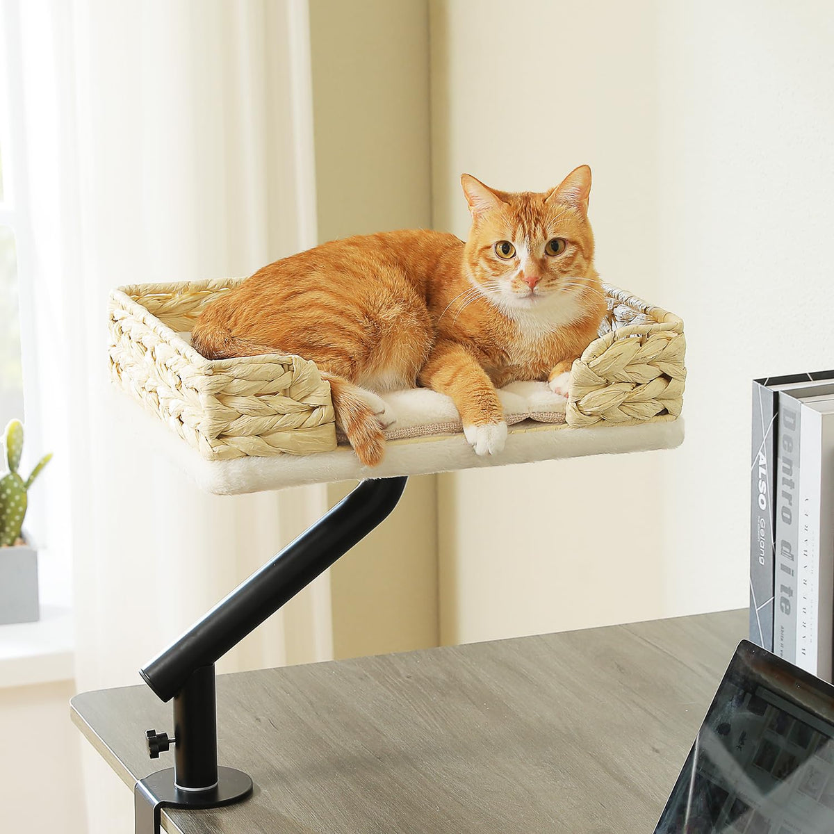 PAWZ Road cama-escritorio-gato-mimbre-blanca: cercanía cómoda sin ocupar el suelo.