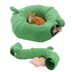 PAWZ Road tunel cactus para gatos con cojín floral rosado, ideal para juego.