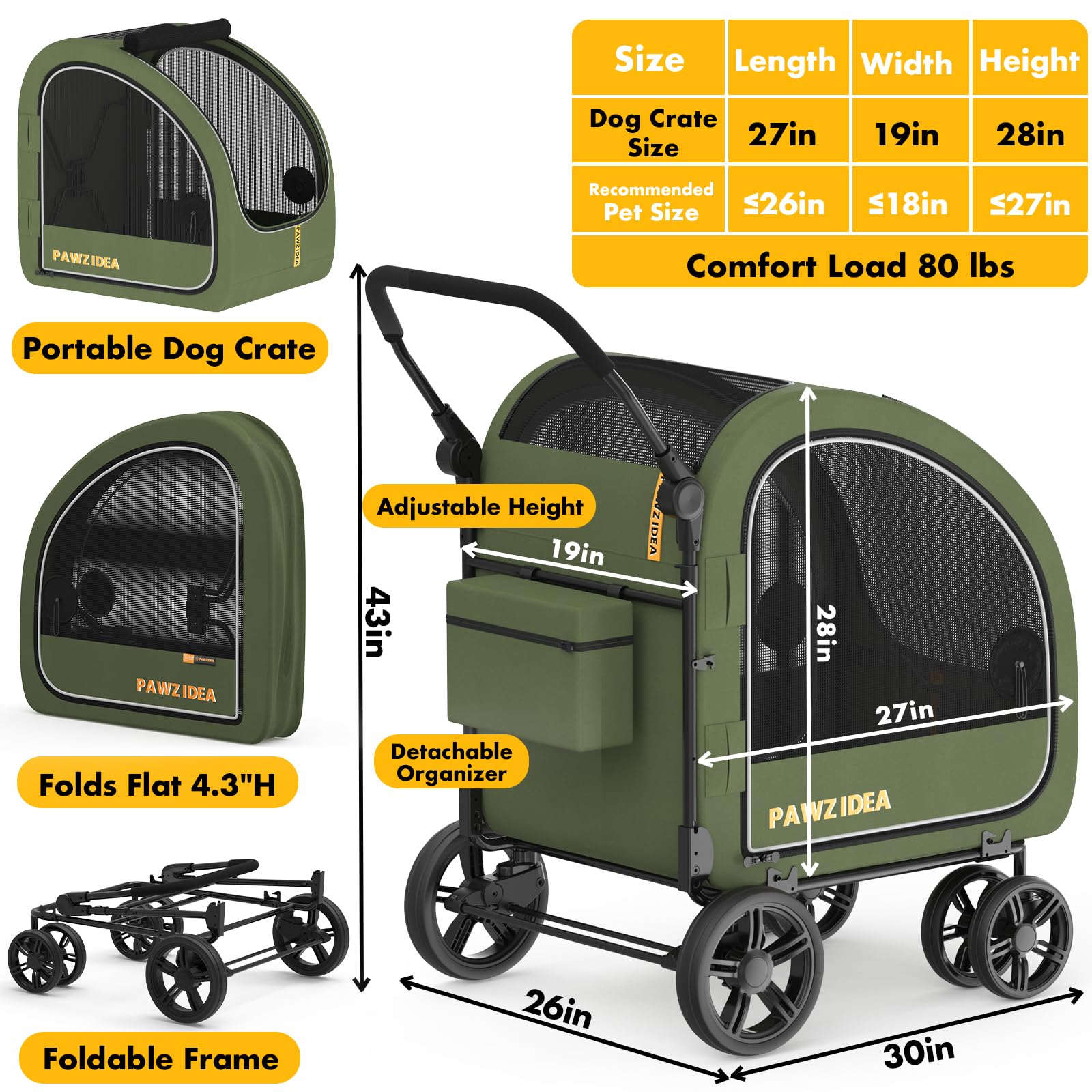 PAWZIDEA carrito para perros grandes con instalación segura en el asiento del coche.