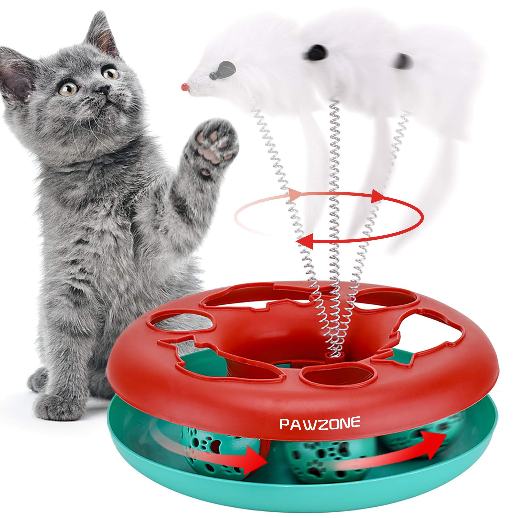 Pawzone juguete interactivo con torre de pistas para gatos; estimula juego y exploración.