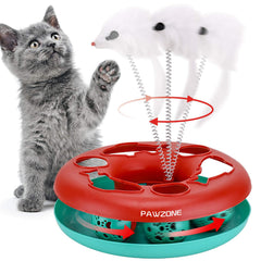 Pawzone juguete interactivo con torre de pistas para gatos; estimula juego y exploración.