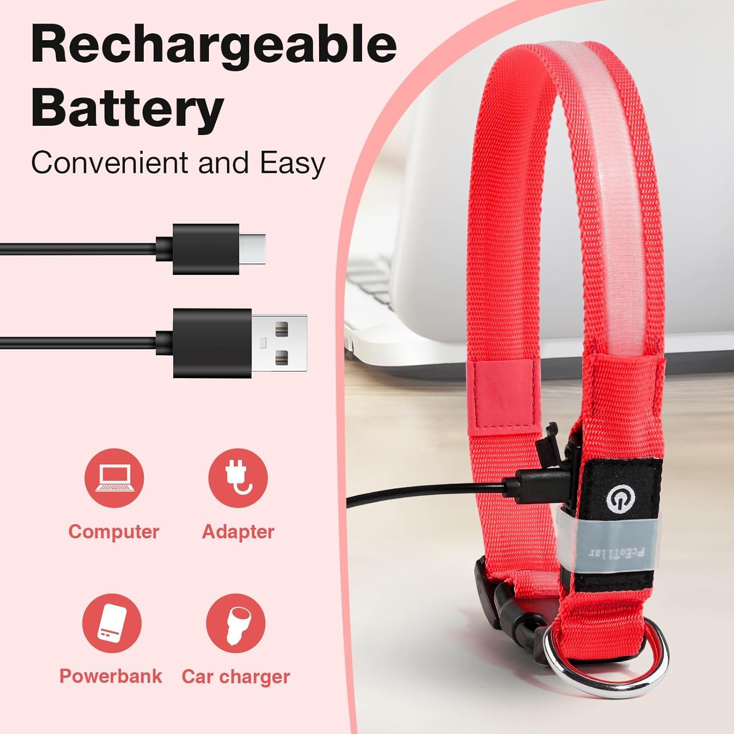 PcEoTllar collar recargable por USB evita reemplazo de baterías.