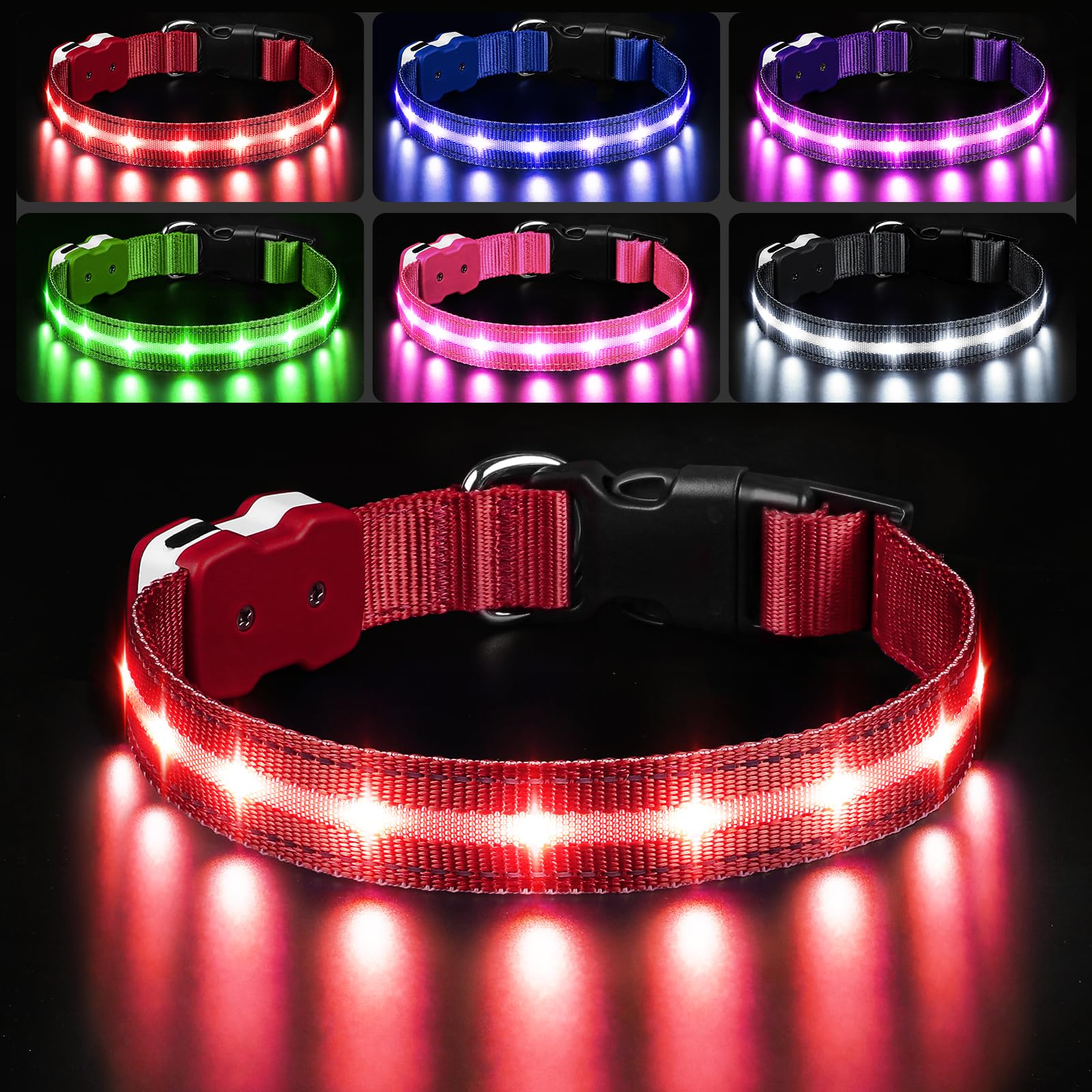 PcEoTllar collar luminoso rojo para perros, visibilidad frontal a larga distancia.