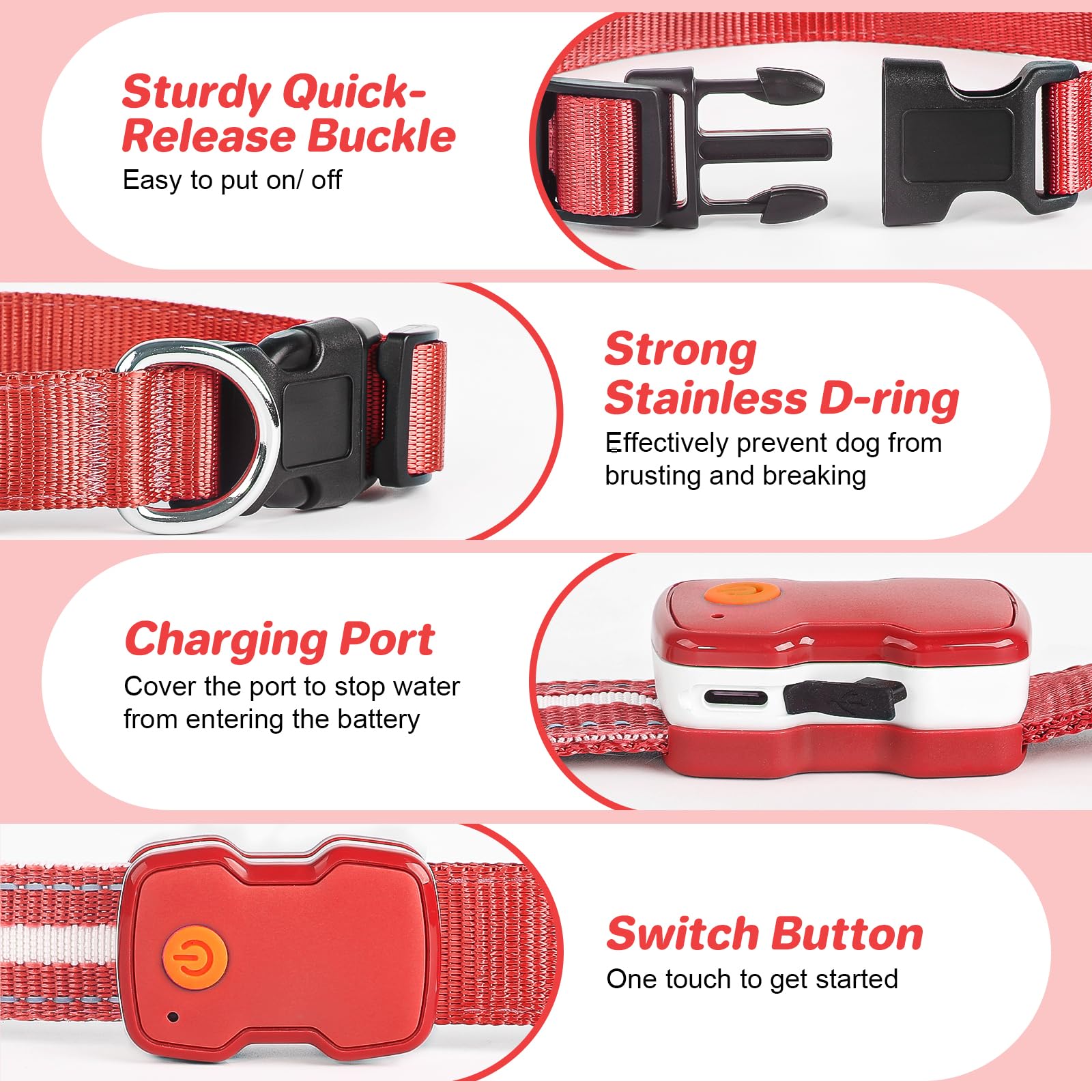 PcEoTllar collar luminoso rojo para perros, uso nocturno recomendado.