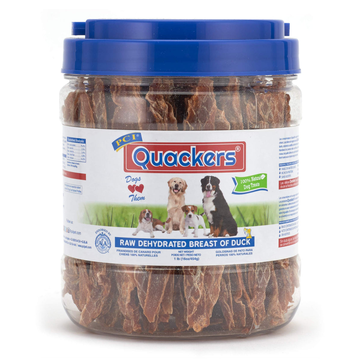 PCI Quackers envase 1 lb, snack natural para perros, fácil de almacenar.