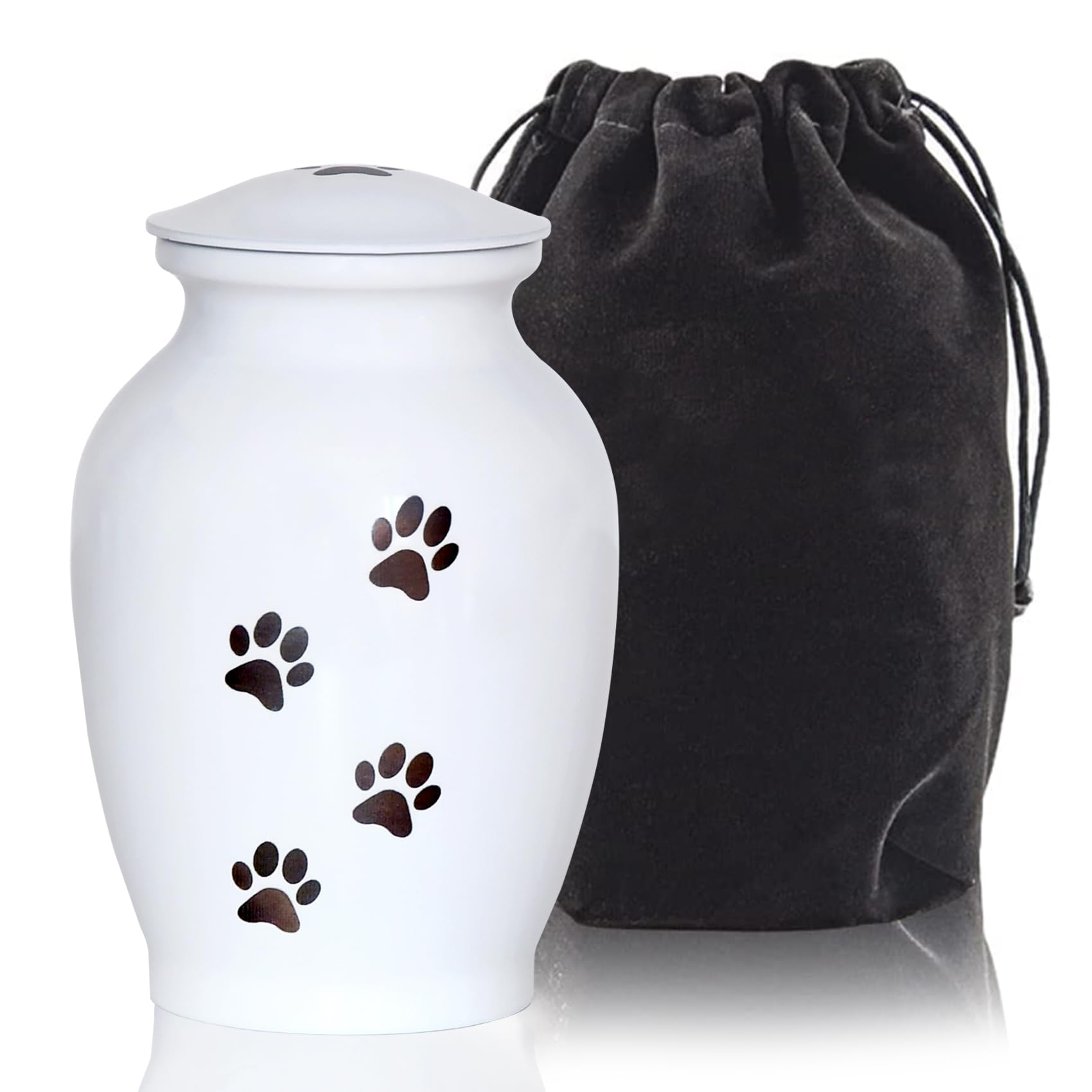 Urna PCS para perros blancos con huellas de pata, acabado duradero.