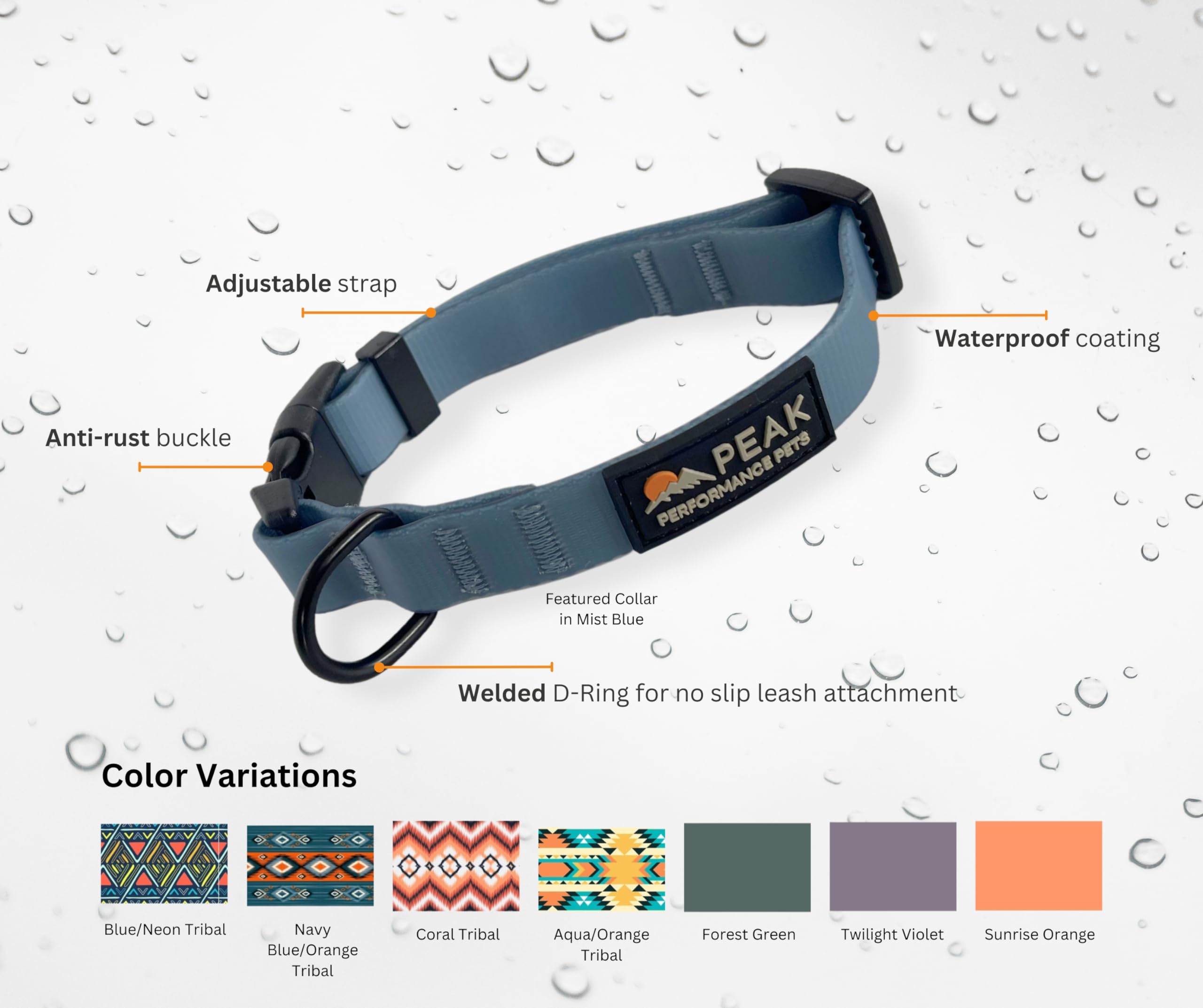 Peak Performance Pets Overlook Collar naranja tribal, color vibrante para mayor visibilidad.