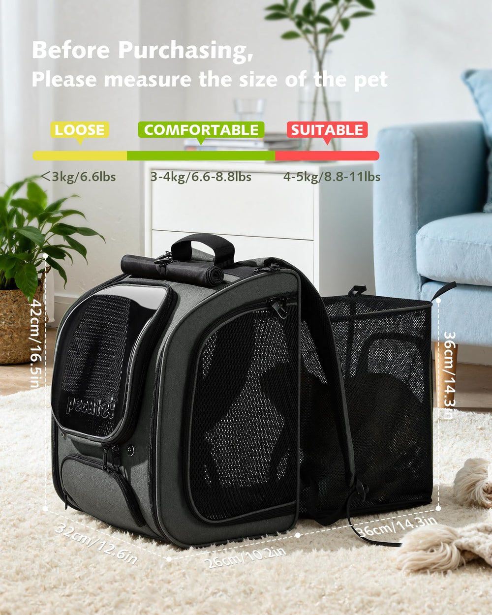 Pecute, bolsa para gatos tamaño ajustable, para distintas mascotas.